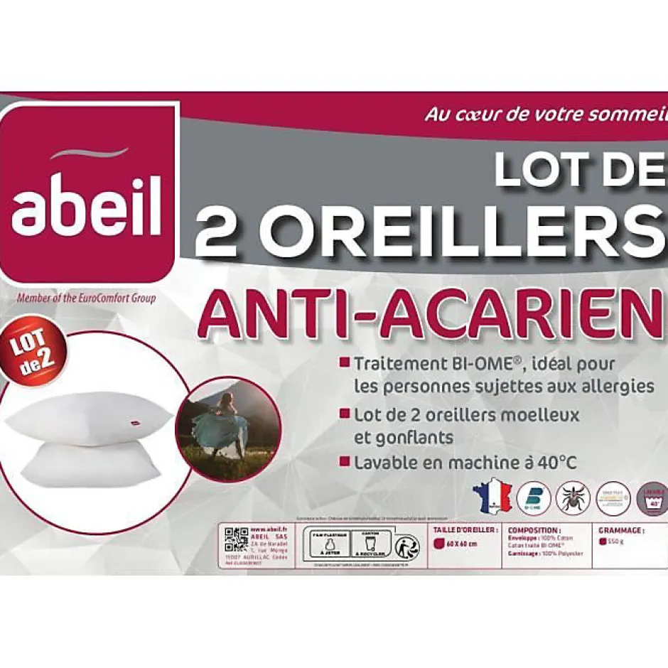 Abeil Lot de 2 oreillers anti-acariens - 60 x 60 cm - 100% coton traité Bio -