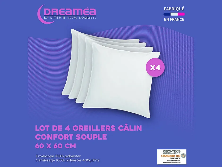 Vente-unique Lot de 4 oreillers câlin 60 x 60 cm - 400 gr - Blanc - TORIVIA Outlet