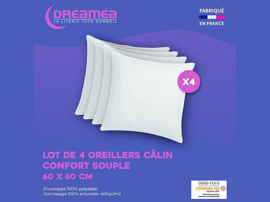 Vente-unique Lot de 4 oreillers câlin 60 x 60 cm - 400 gr - Blanc - TORIVIA Outlet