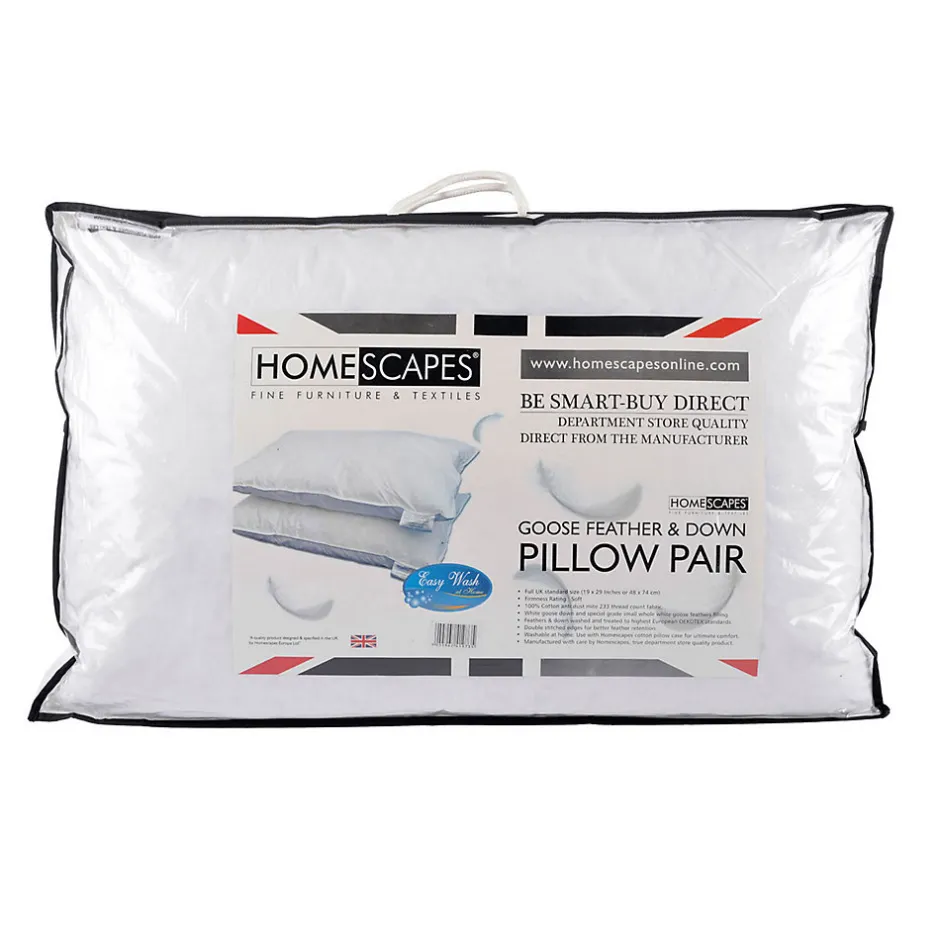 Homescapes Lot de 2 oreillers en plumes et duvet d'oie, 50 x 75 cm -