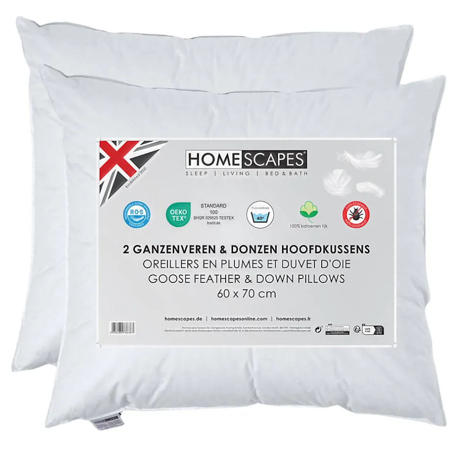 Homescapes Lot de 2 oreillers en plumes et duvet d'oie, 60 x 70 cm -