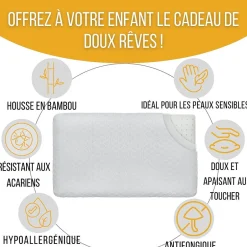 Inphysio Lot de 3 oreillers enfant respirant en tissu de bambou 50x30x5,5 - Discount