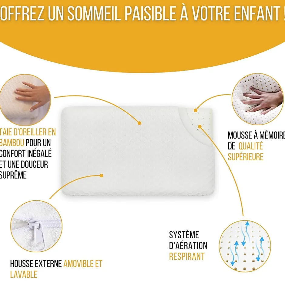 Inphysio Lot de 3 oreillers enfant respirant en tissu de bambou 50x30x5,5 - Discount