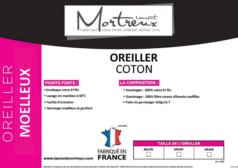 Mortreux Lot de 2 oreillers moelleux coton - 50 x 70 - toutes saisons - 31146