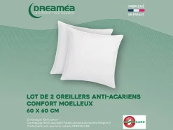 Vente-unique Lot de 2 oreillers traitement anti-acariens naturel Greencare - 60 x 60 cm - 550 gr - Blanc - coton - AZYLIA Discount