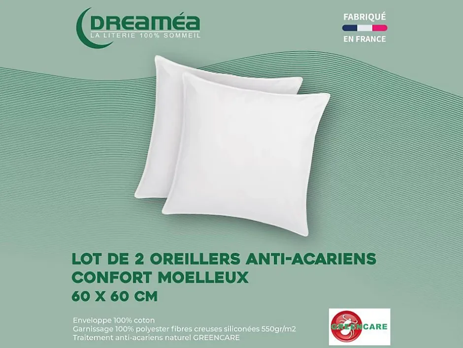 Vente-unique Lot de 2 oreillers traitement anti-acariens naturel Greencare - 60 x 60 cm - 550 gr - Blanc - coton - AZYLIA Discount