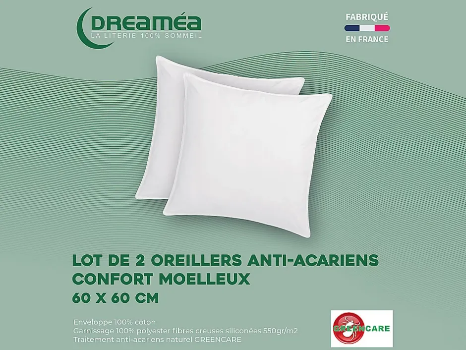 Vente-unique Lot de 2 oreillers traitement anti-acariens naturel Greencare - 60 x 60 cm - 550 gr - Blanc - coton - AZYLIA Discount
