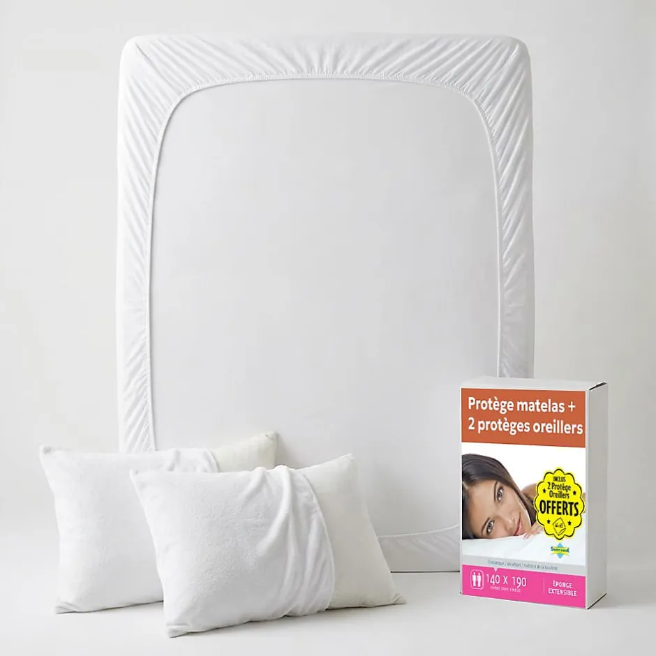 Sweetnight Lot Protège-Matelas 140x190 + 2 Protège-Oreillers 65x65 - Bouclette Éponge Coton Absorbante