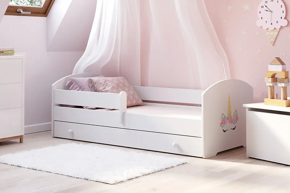 Kobi LUK lit enfant avec tiroir et barreau 160x80 corne de licorne