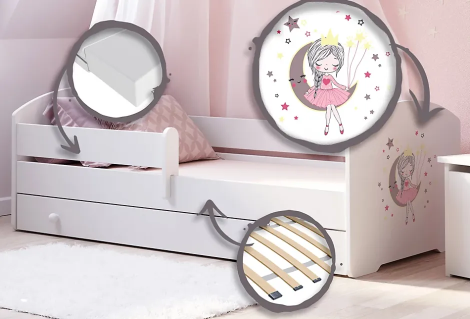 Kobi LUK lit enfant avec tiroir et barreau 140x70 princesse endormie Hot