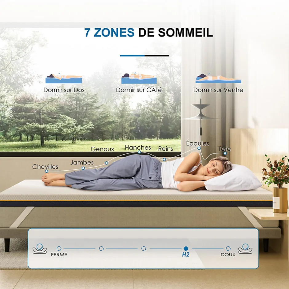 Teeno Matelas de 7,5 cm d'épaisseur, 140 x 190 cm, mousse à mémoire de forme, ergonomique, lavable