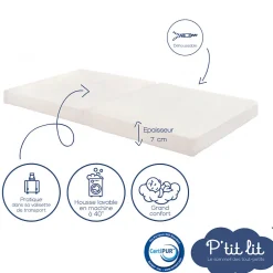 P’Tit Lit Matelas de Voyage Bébé - 60x120 cm - Pliant - Epaisseur 7 cm : Moelleux et confortable - Idéal pour couchage d'appoint