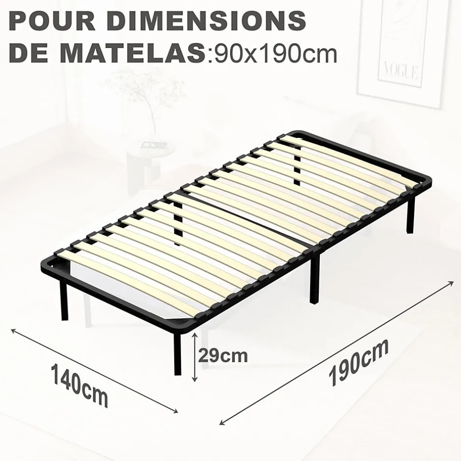 Teeno Matelas double en mousse de 17 cm + sommier à lattes 90x190 cm 16 rangées de lattes