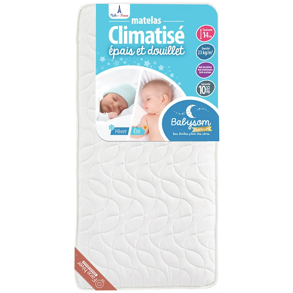 Babysom Matelas Enfant/Bébé Climatisé - 1 Face Été Fraîche et 1 Face Hiver Ouatinée - Anti-acarien - Oeko-Tex - Fabrication française