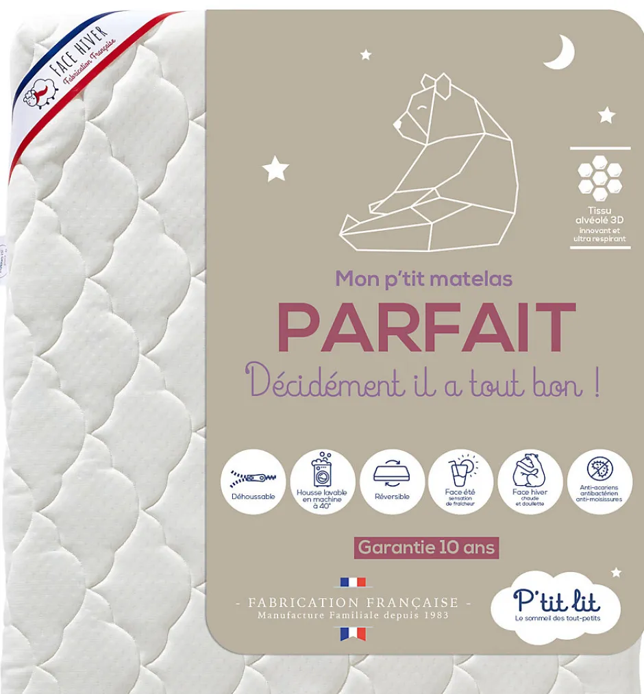 P’Tit Lit Matelas Enfant/Bébé Parfait - 2 Faces : Respirant l'Été / Douillet l'Hiver - Déhoussable - Anti Acarien