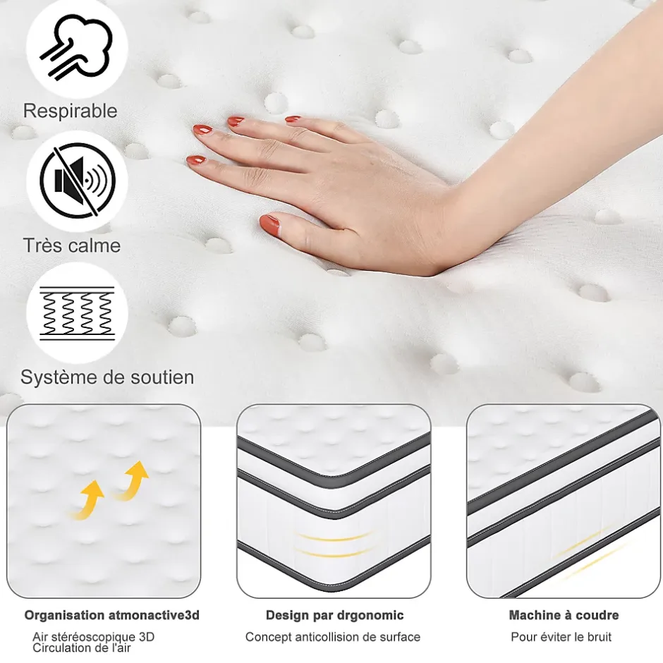 ProximaX Matelas hybride à ressorts ensachés 200x90x25 cm, Indépendance de couchage, soutien ergonomique, tissu respirant 3D, Blanc et gris Clearance
