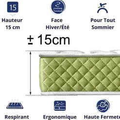Dagostino Home Matelas Mousse 135x190 Evergreen, Ferme, Réversible, Côté Été/hiver, H15 Cm Outlet