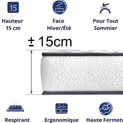 Dagostino Home Matelas Mousse 90x200 New York, Ferme, Réversible, Côté Été/hiver, H15 Cm