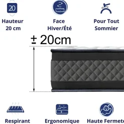 Dagostino Home Matelas Mousse 180x200 Onyx, Ferme, Réversible, Côté Été/hiver, H20 Cm