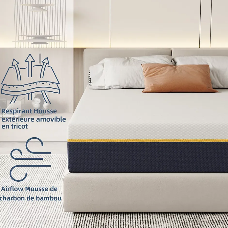 Teeno Matelas pour adulte 90 x 200 cm, épaisseur 21 cm (mousse à mémoire de forme + fibres de charbon de bambou) Online