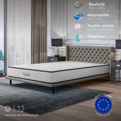 Cosmos Matelas ressorts - 180x200 - 24 cm - Hybride - Blue Latex - Couchage Indépendant - Confort Mi-Ferme - Réversible - Upsilon
