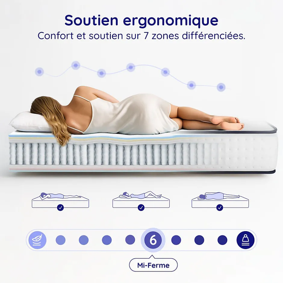 Cosmos Matelas ressorts - 180x200 - 24 cm - Hybride - Blue Latex - Couchage Indépendant - Confort Mi-Ferme - Réversible - Upsilon