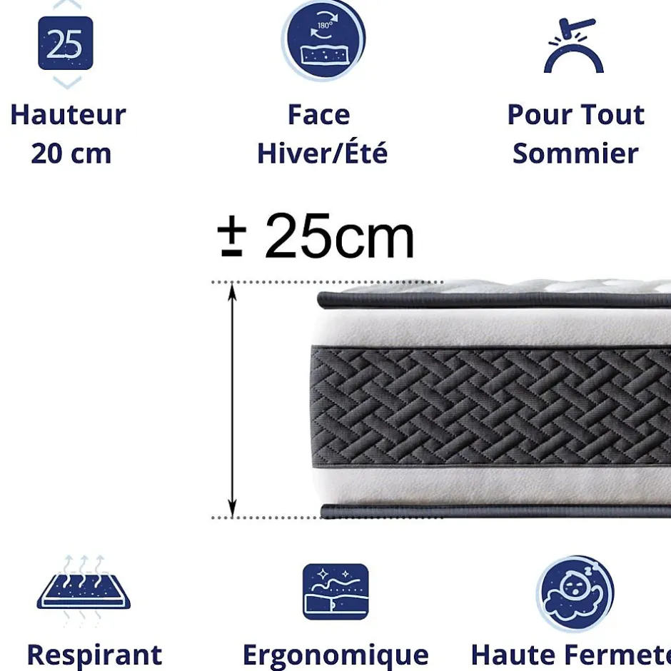 Dagostino Home Matelas Ressorts Ensachés 140x200 Montecarlo, Ferme, Réversible, Côté Été/hiver, H25 Cm