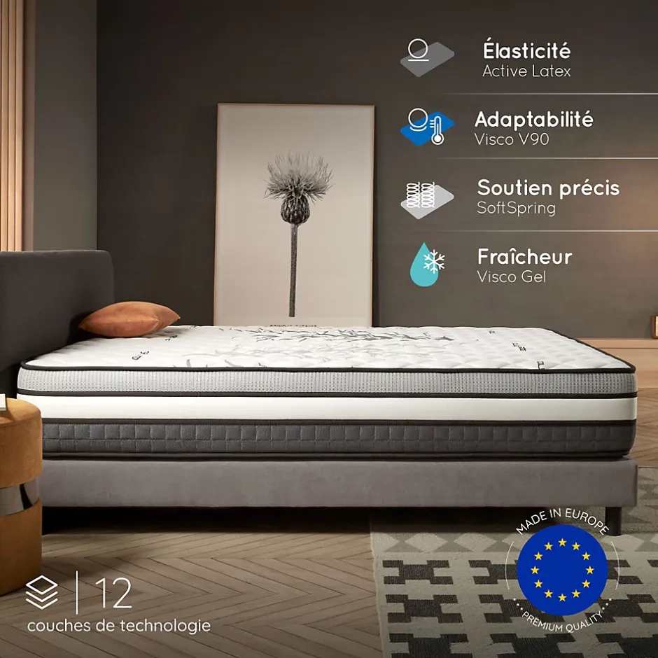Naturalex Matelas Ressorts Ensachés Trilux - 140x190 - 24 cm - Mémoire de forme - Blue Latex - Couchage Indépendant - Réversible - 7 zones Discount