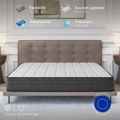 Cosmos Matelas 160x200 + 2 Oreillers 60x60 Offerts - Épais 21 cm - Mousse - Blue Latex - 7 zones de soutien - Réversible - Equinox
