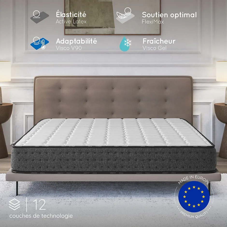Cosmos Matelas 160x200 + 2 Oreillers 60x60 Offerts - Épais 21 cm - Mousse - Blue Latex - 7 zones de soutien - Réversible - Equinox