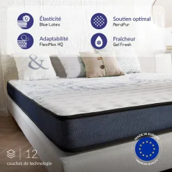 Naturalex Matelas 90x200 à mémoire de forme - Épaisseur 15 cm - Blue Latex - 7 zones de confort - Hypoallergénique - Perfect Dream