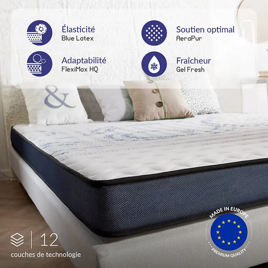Naturalex Matelas 160x200 à mémoire de forme - Épaisseur 15 cm - Blue Latex - 7 zones de confort - Hypoallergénique - Perfect Dream Hot