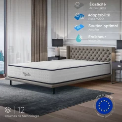 Cosmos Matelas 140x190 - Épais 32 cm - Mousse mémoire de forme - Blue Latex - Confort Ferme - 7 zones - Réversible - Durable - Upsilon