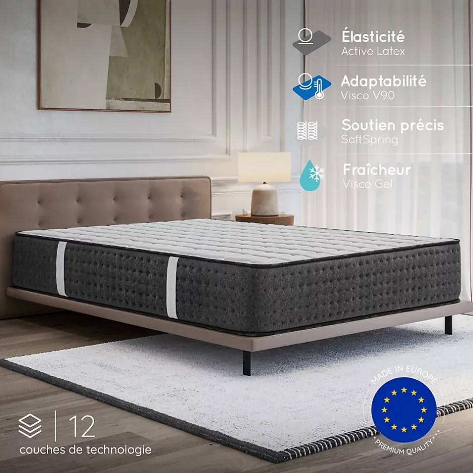 Cosmos Matelas 160x200 Hybride - Mousse HR - Ressorts ensachés - 30 cm - Réversible - Couchage Indépendant - Blue Latex 7 zones - Equinox New