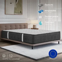 Cosmos Matelas 140x190 Hybride - Mousse HR - Ressorts ensachés - 30 cm - Réversible - Couchage Indépendant - Blue Latex 7 zones - Equinox