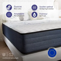 Naturalex Matelas 160x200 ressorts ensachés - Épaisseur 24 cm - Réversible - Couchage Indépendant - Blue Latex - 7 zones - Perfect Dream New