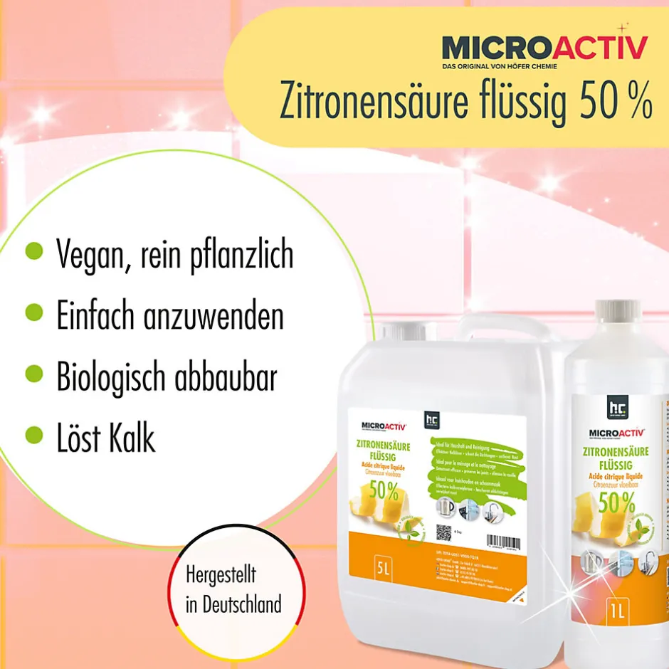 Höfer Chemie Microactiv Acide Citrique Liquide 50% Détartrant Polyvalent 4 x 5 L, Et Économique