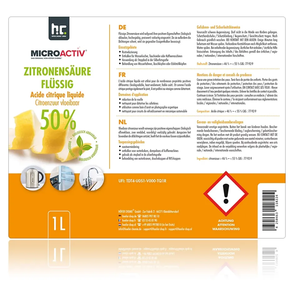Höfer Chemie Microactiv Acide Citrique Liquide 50% Détartrant Polyvalent 1 x 12 L, Et Économique New