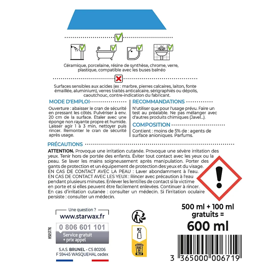 Starwax Nettoyant anti-calcaire Salle de bains 500 ml + 20%