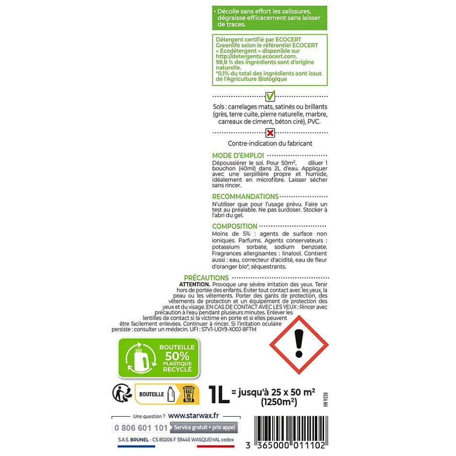 Starwax Nettoyant concentré carrelages et sols plastiques SoluVert 1L