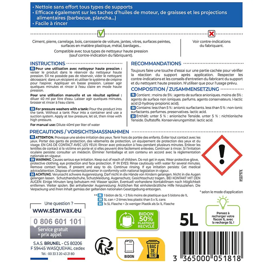 Starwax Nettoyant décrassant toitures, murs et sols gros nettoyage 5L
