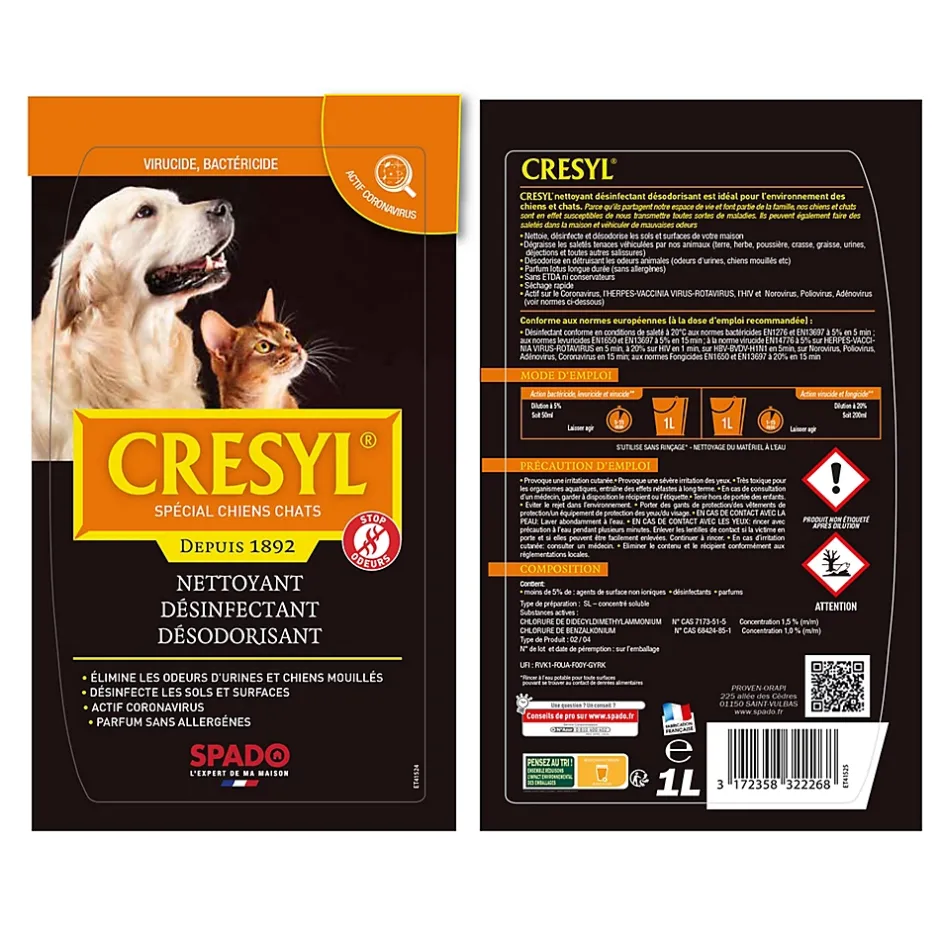 Spado Nettoyant désinfectant désodorisant spécial chiens et chats Crésyl 1L Online