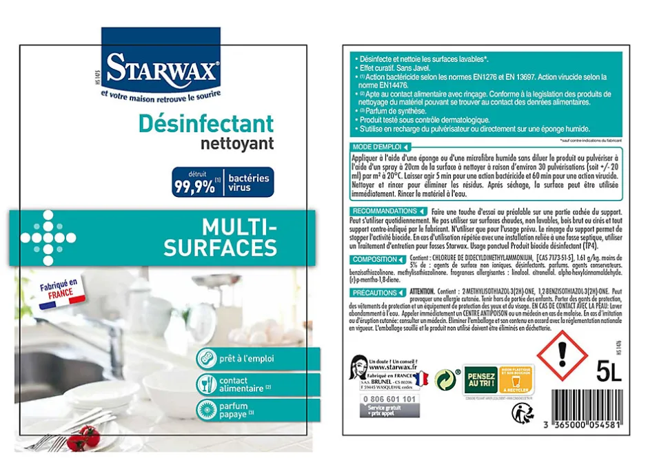 Starwax Nettoyant désinfectant multi-surfaces papaye 5L
