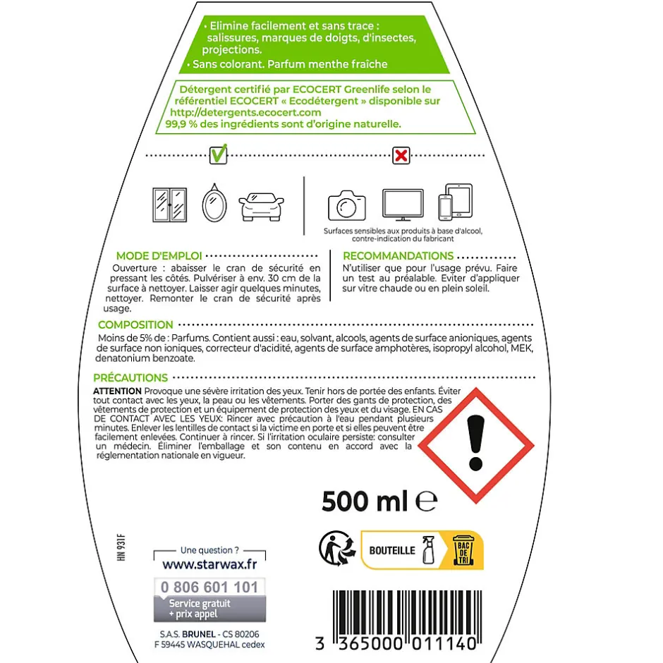 Starwax Nettoyant spécial vitres et miroirs SoluVert 0,5L