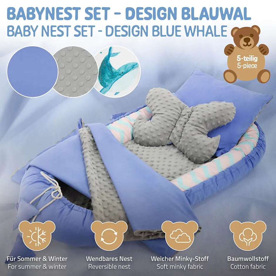Joyz Nid d'ange bébés 90x50 cm bleu motif baleine en coton avec coussin de sommeil oreiller papillon