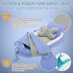 Joyz Nid d'ange bébés 90x50 cm bleu motif baleine en coton avec coussin de sommeil oreiller papillon