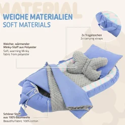 Joyz Nid d'ange bébés 90x50 cm bleu motif baleine en coton avec coussin de sommeil oreiller papillon