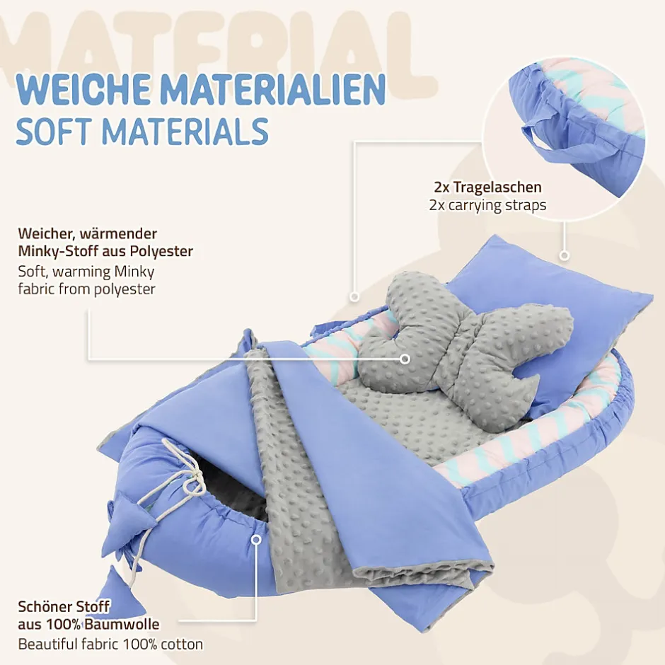 Joyz Nid d'ange bébés 90x50 cm bleu motif baleine en coton avec coussin de sommeil oreiller papillon