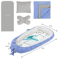 Joyz Nid d'ange bébés 90x50 cm bleu motif baleine en coton avec coussin de sommeil oreiller papillon