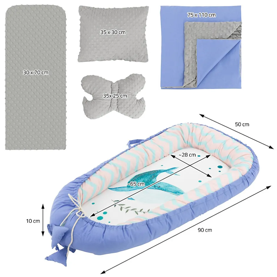 Joyz Nid d'ange bébés 90x50 cm bleu motif baleine en coton avec coussin de sommeil oreiller papillon